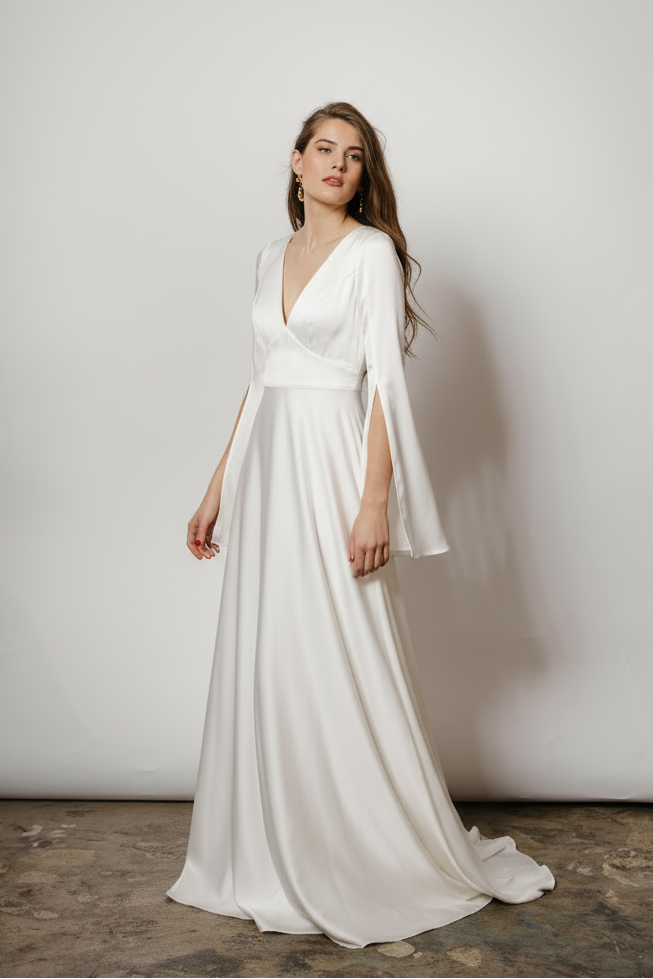 simple Long sleeve wedding dress made of satin white cherry hamburg brautmode brautkleider