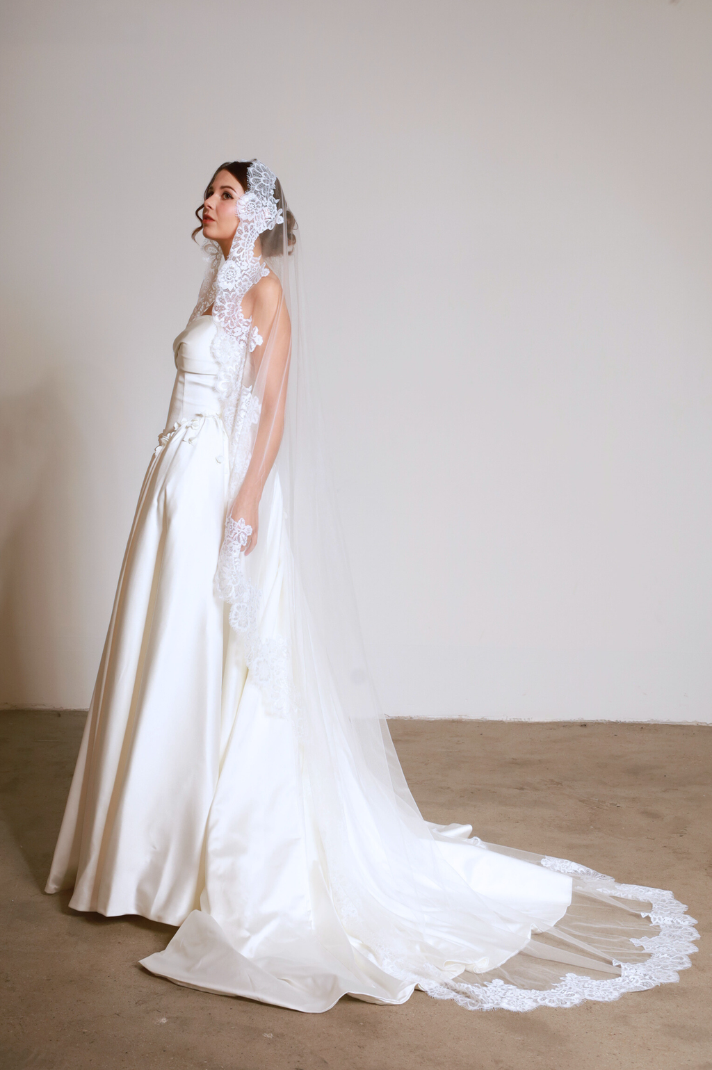 Braut mit langem Brautschleier aus Tüll und Spitze im natürlichen Licht