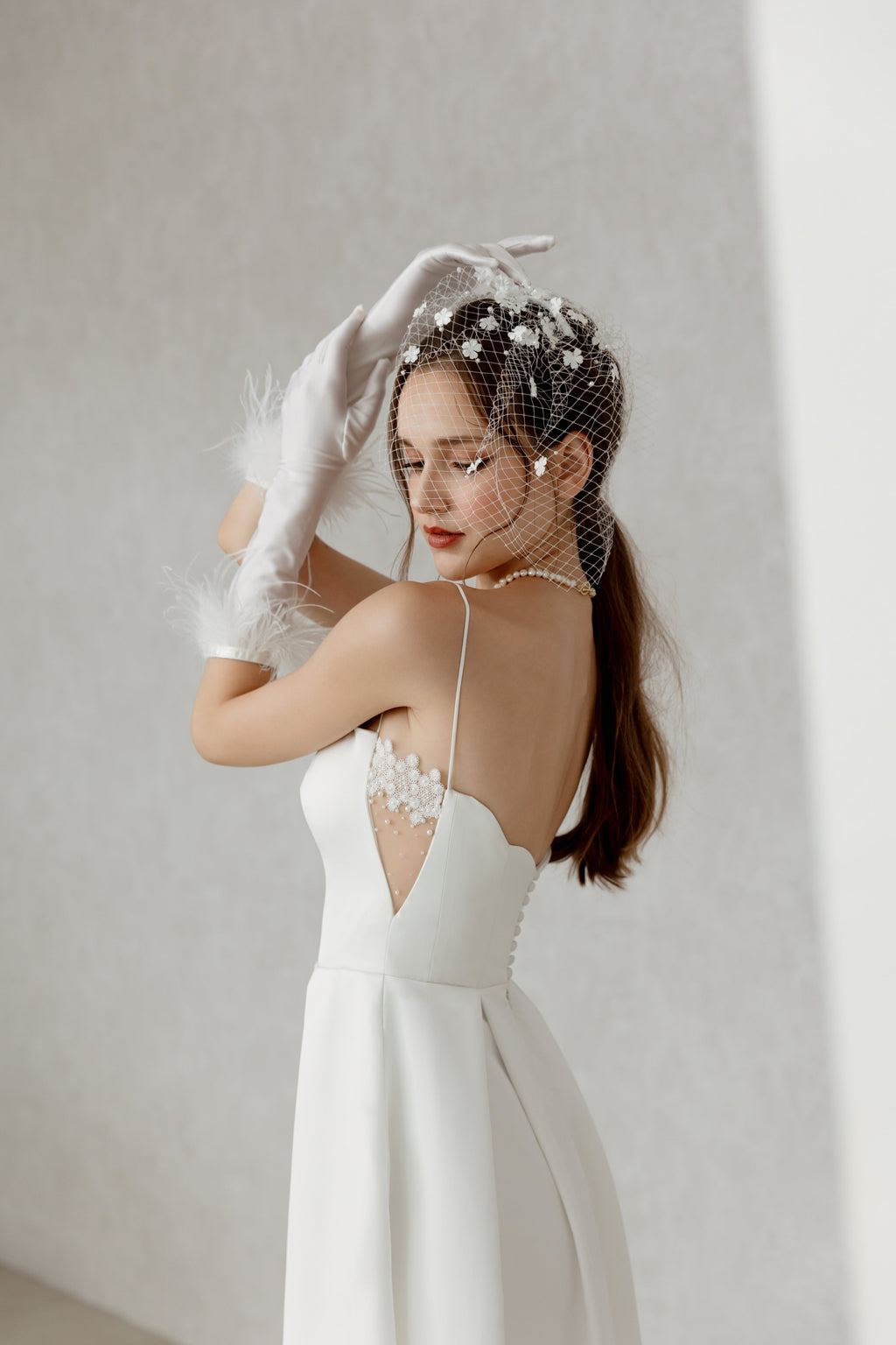 Spaghetti-Träger mit Tasche schlichtes Brautkleid aus Krepp